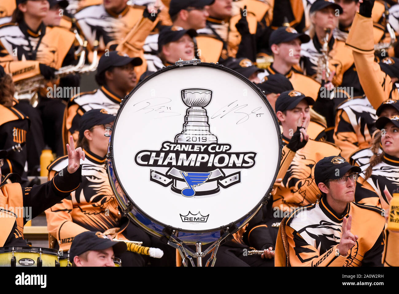 Sep 21, 2019: A base drum sits along the pep band honoring the Stanley Cup  Champion St. Louis Blues along with signatures from Colton Parenko and  Robert Thomas during an SEC conference