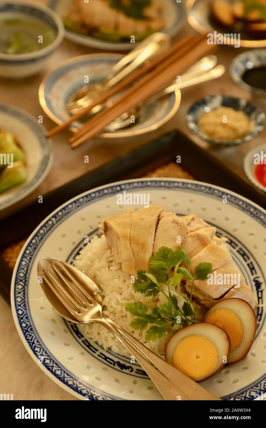 Hainanese Chicken Rice. Fragrant rice cooked in chicken broth; then