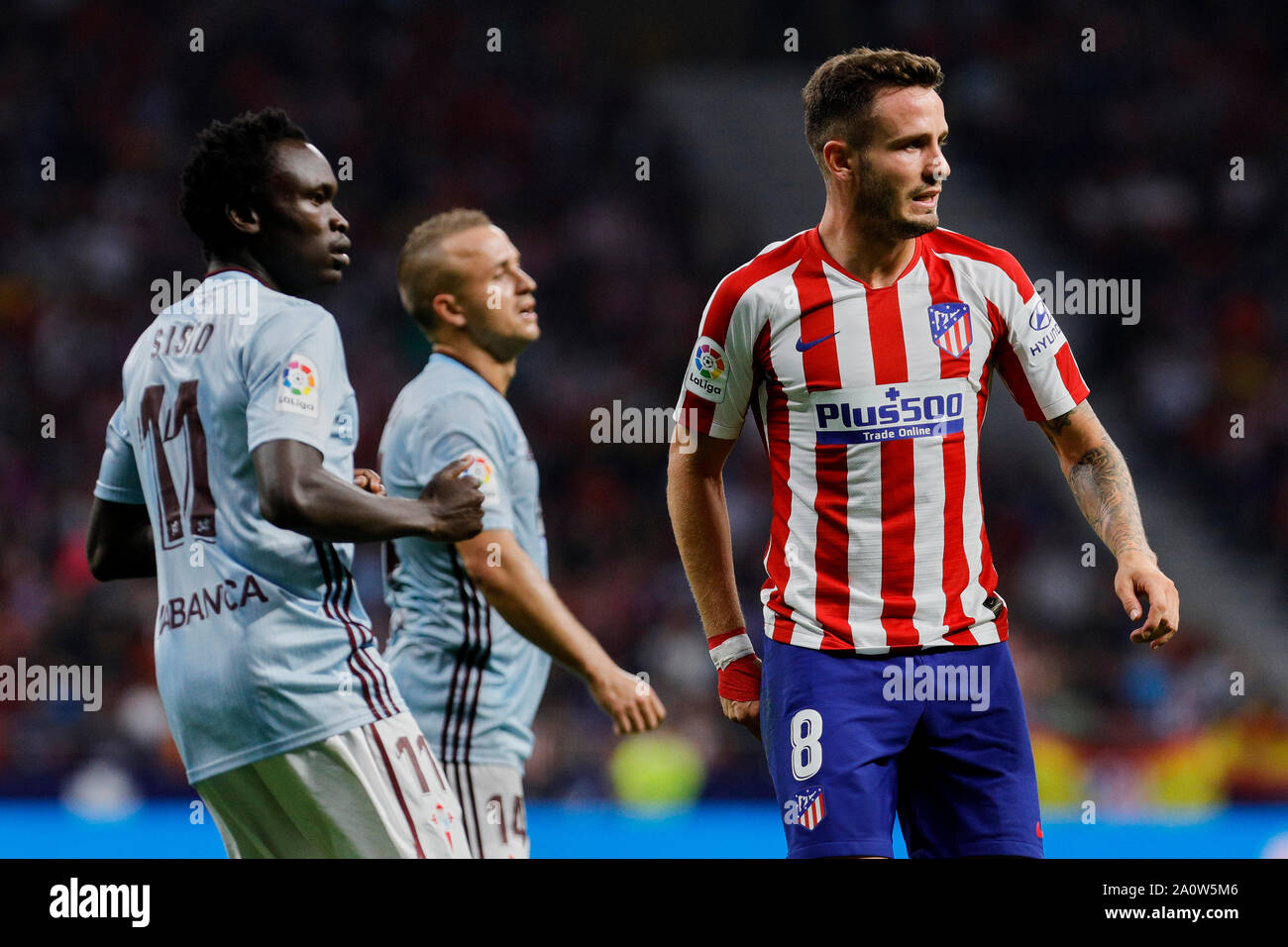 Madrid, Spain. 21st Sep, 2019. Saul Niguez of Atletico de Madrid and Pione Sisto of Real Club Celta de Vigo are seen in action during the La Liga match between Atletico de Madrid and Real Club Celta de Vigo at Wanda Metropolitano Stadium in Madrid.( Final score; Atletico de Madrid 0:0 Real Club Celta de Vigo) Credit: SOPA Images Limited/Alamy Live News Stock Photo