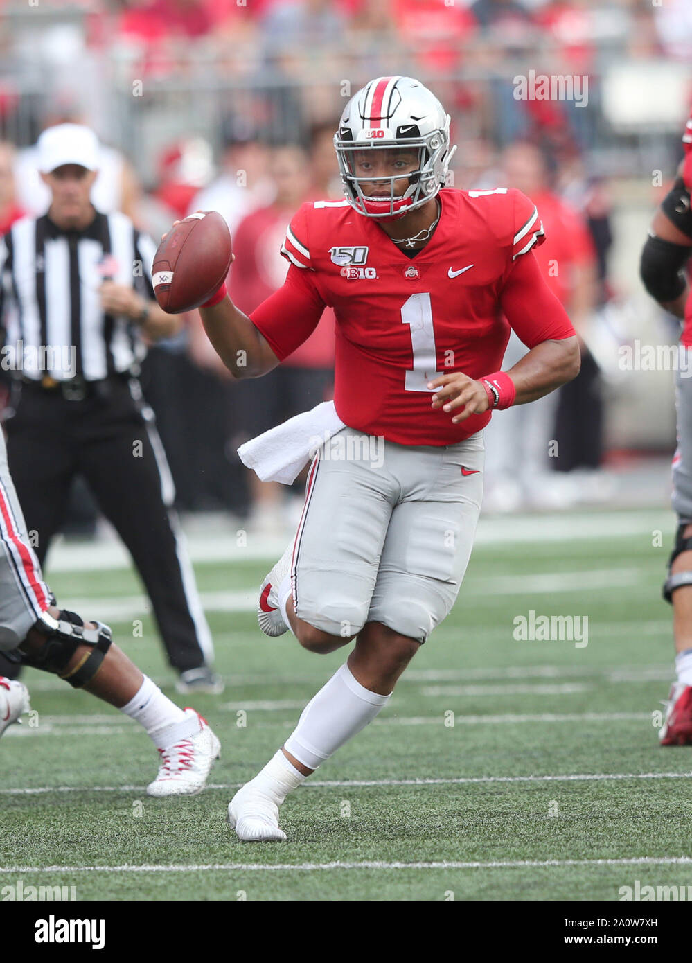 Ohio State Buckeye's Justin Fields looks to pass against the Miami Redhawks Saturday, September 21, 2019 in Columbus, Ohio.    Photo by Aaron Josefczyk/UPI Stock Photo