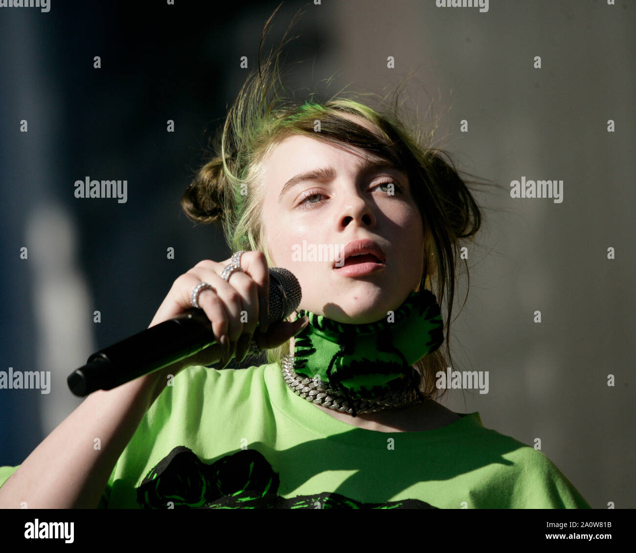 Billie Eilish performs on stage during the iHeartRadio Music Festival Daytime Concerts at the Las Vegas Festival Grounds in Las Vegas, Nevada on Saturday, September 21, 2019.  Photo by James Atoa/UPI Stock Photo