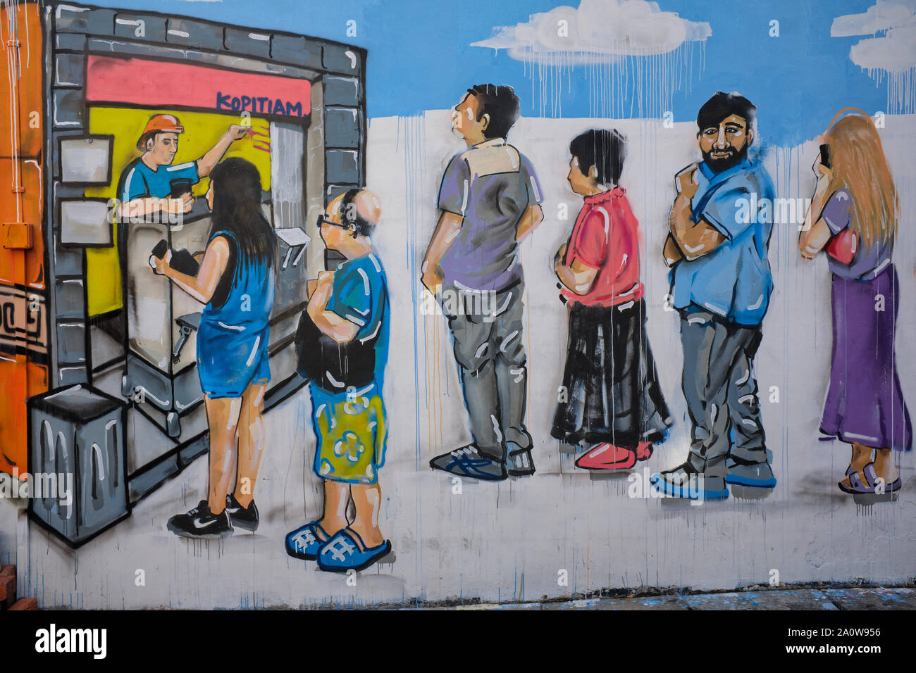 A wall painting in Keong Saik Road., Chinatown, Singapore, depicting a queue in front of a typical local coffee stall or Kopitiam Stock Photo