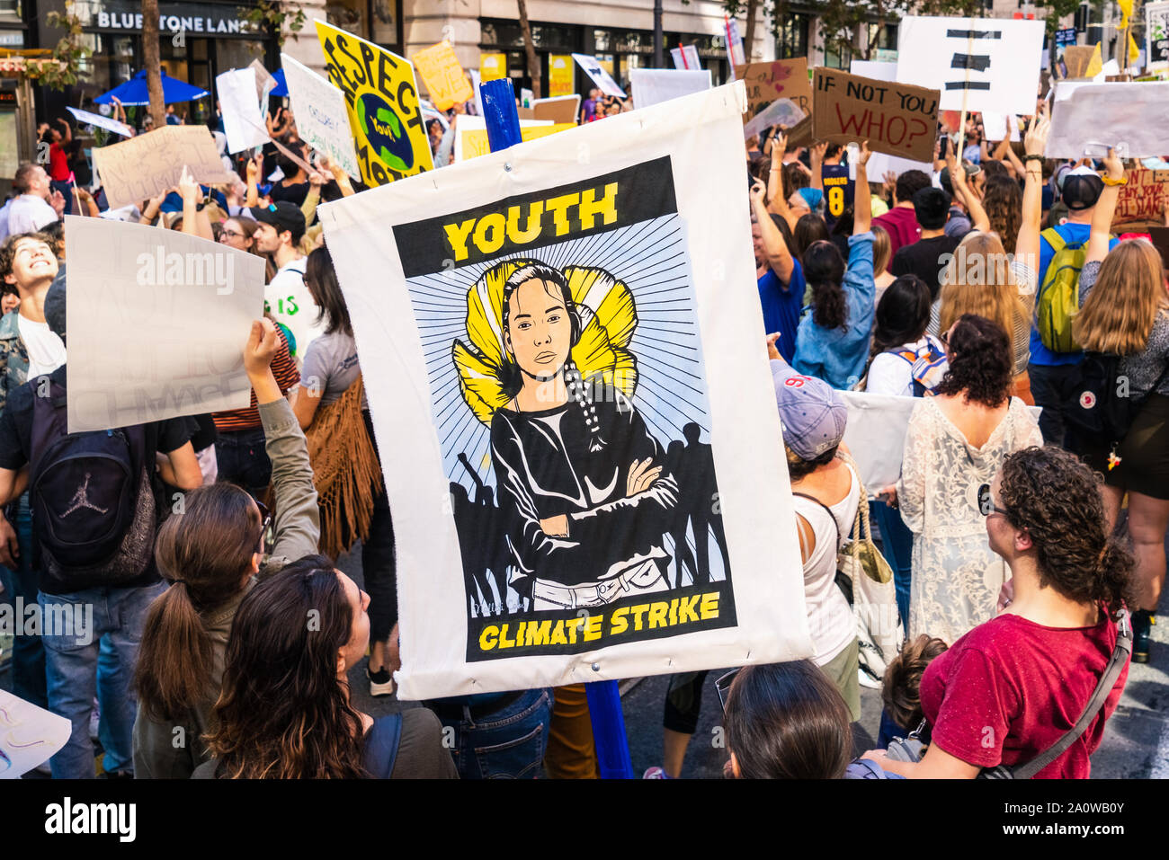 Sep 20, 2019 San Francisco / CA / USA - Youth climate strike placard raised at the Global Climate Strike Rally and March in downtown San Francisco; Stock Photo