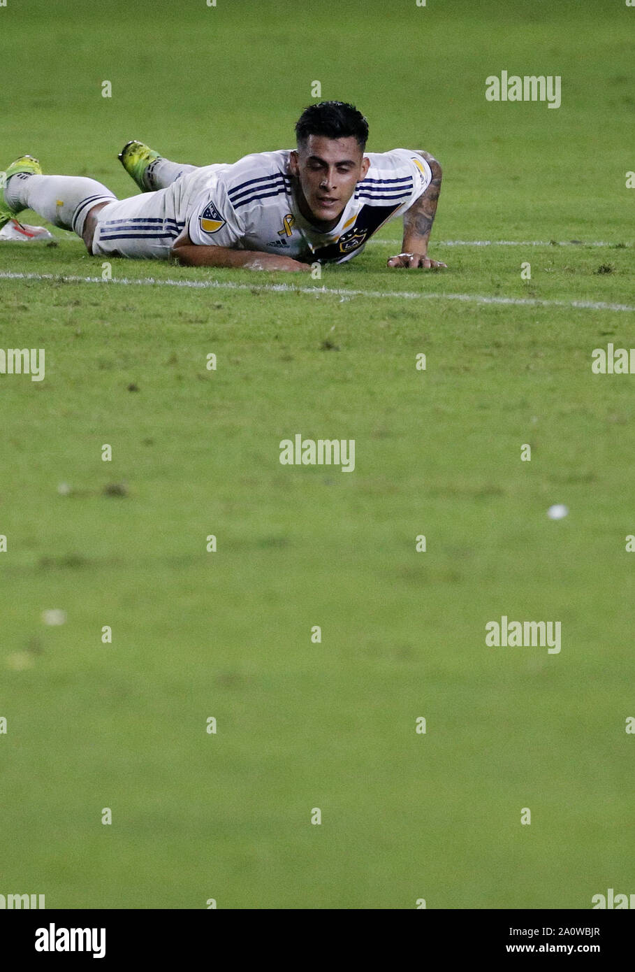 Los Angeles, California, USA. 21st Sep, 2019. LA Galaxy forward Cristian Pavon (10) reacts during the 2019 Major League Soccer (MLS) match between LA Galaxy and Montreal Impact in Carson, California, September 21, 2019. Credit: Ringo Chiu/ZUMA Wire/Alamy Live News Stock Photo