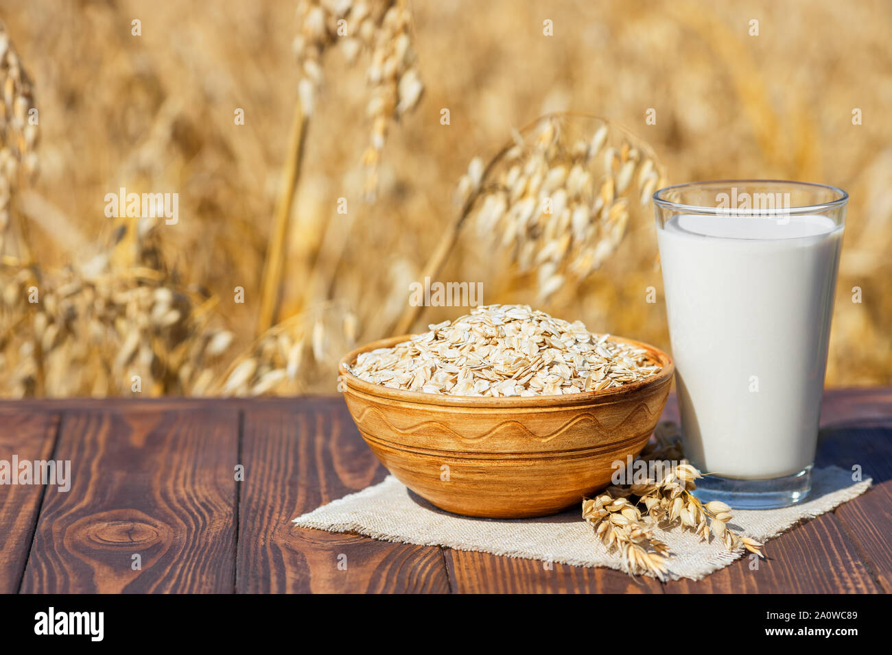 vegan oat milk in glass with uncooked oatmeal in bowl on table over against ripe cereal field Stock Photo