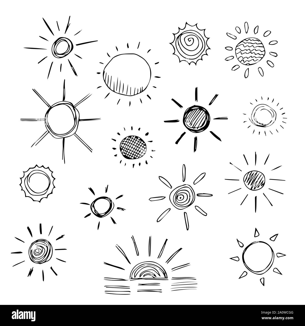 Set of sun symbols hand drawn in cartoon style. Vector illustration of ...