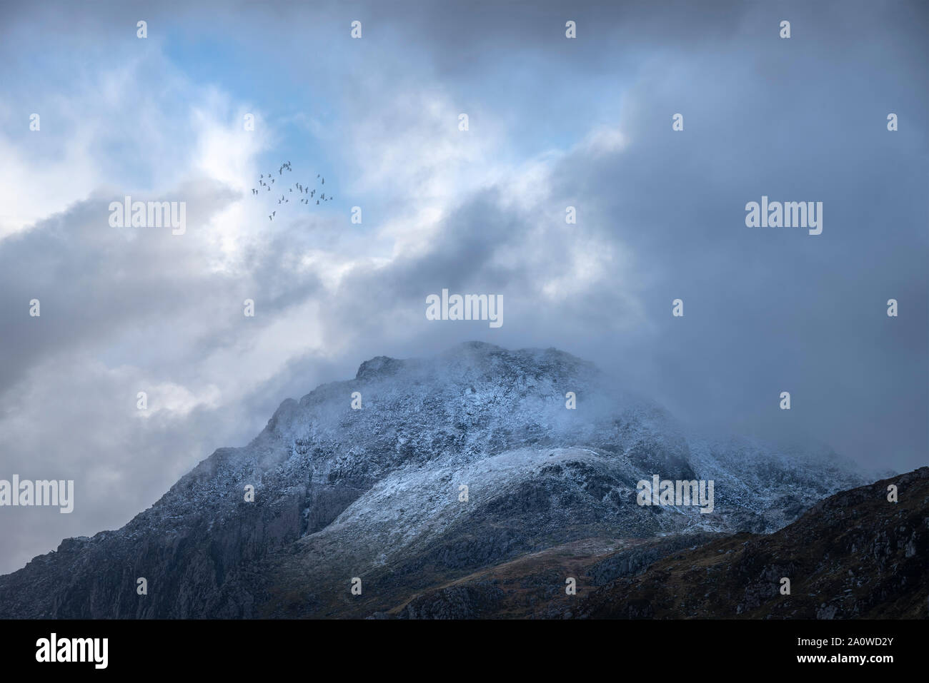 Stunning moody dramatic Winter landscape image of snowcapped Tryfan mountain in Snowdonia during