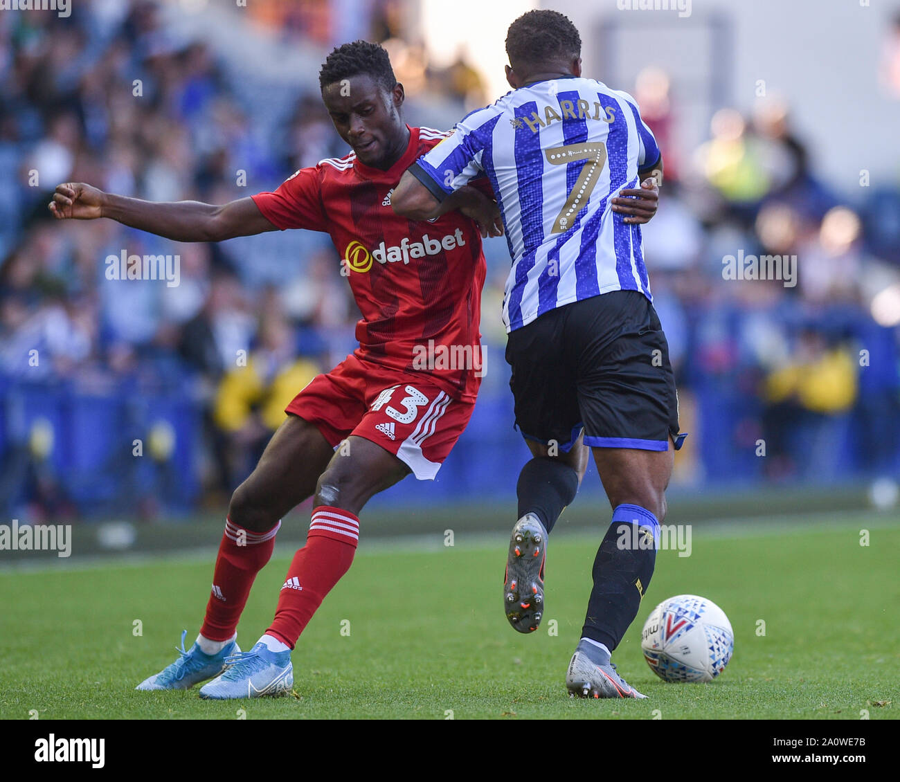 21st September 2019 , Hillsborough, Sheffield, England; Sky Bet Championship, Sheffield Wednesday vs Fulham : Credit: Dean Williams/News Images,Steven Sessegnon (43) of Fulham stops Kadeem Harris (7) of Sheffield Wednesday .  English Football League images are subject to DataCo Licence Stock Photo