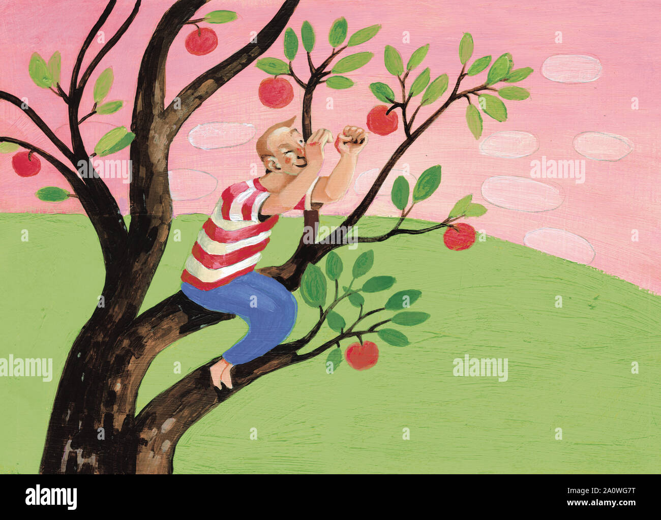 boy sitting on top of a tree looks far away use her hands as if you had a telescope surreal illustration for a novel metaphor of the ability to look f Stock Photo
