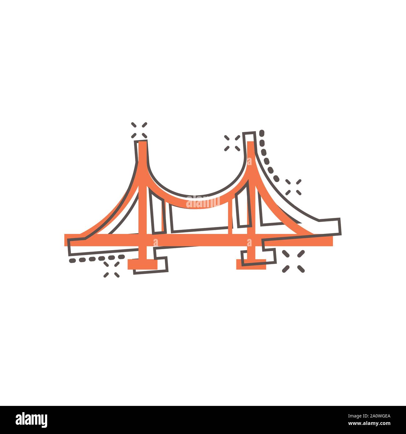 Bridge sign icon in comic style. Drawbridge vector cartoon illustration on white isolated background. Road business concept splash effect. Stock Vector