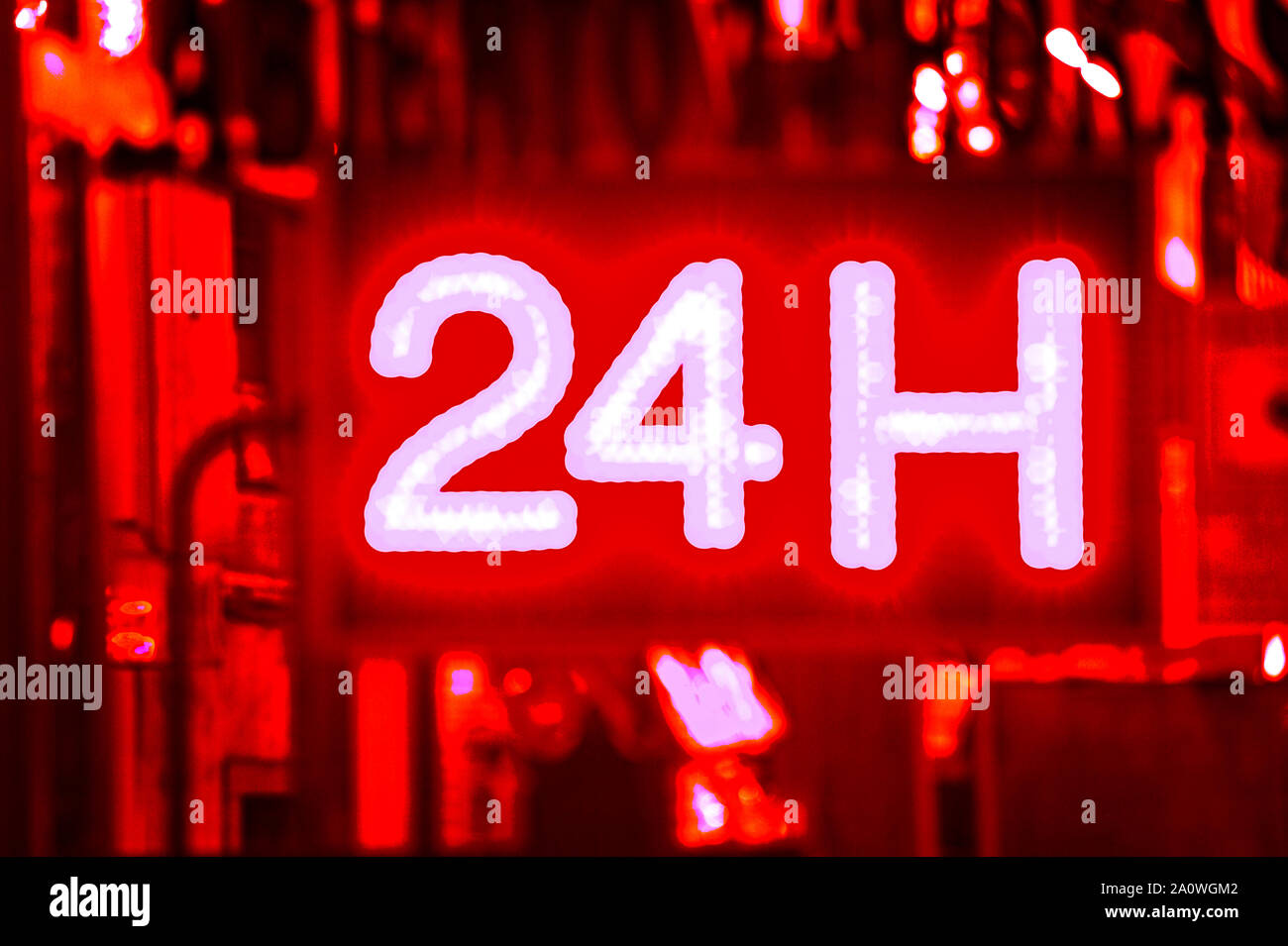 Open 24 hours advertisement to show into market, pharmacy, hotel, petrol station, gas station