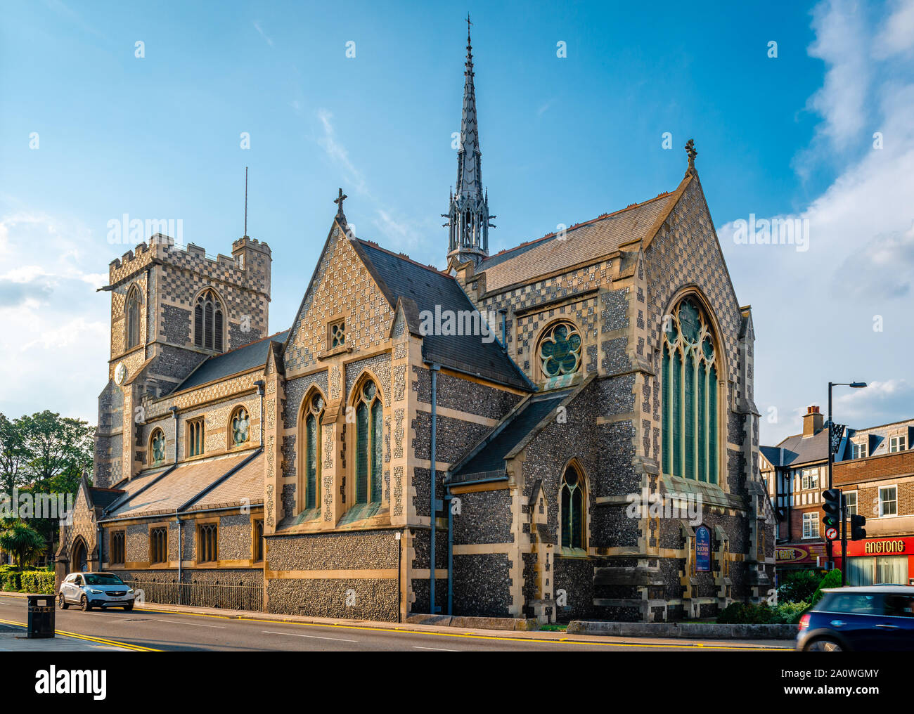 View of St John the Baptist Church, in High Barnet, London. Built around 1250, it stands at the junction of Wood Street and High Street. Stock Photo