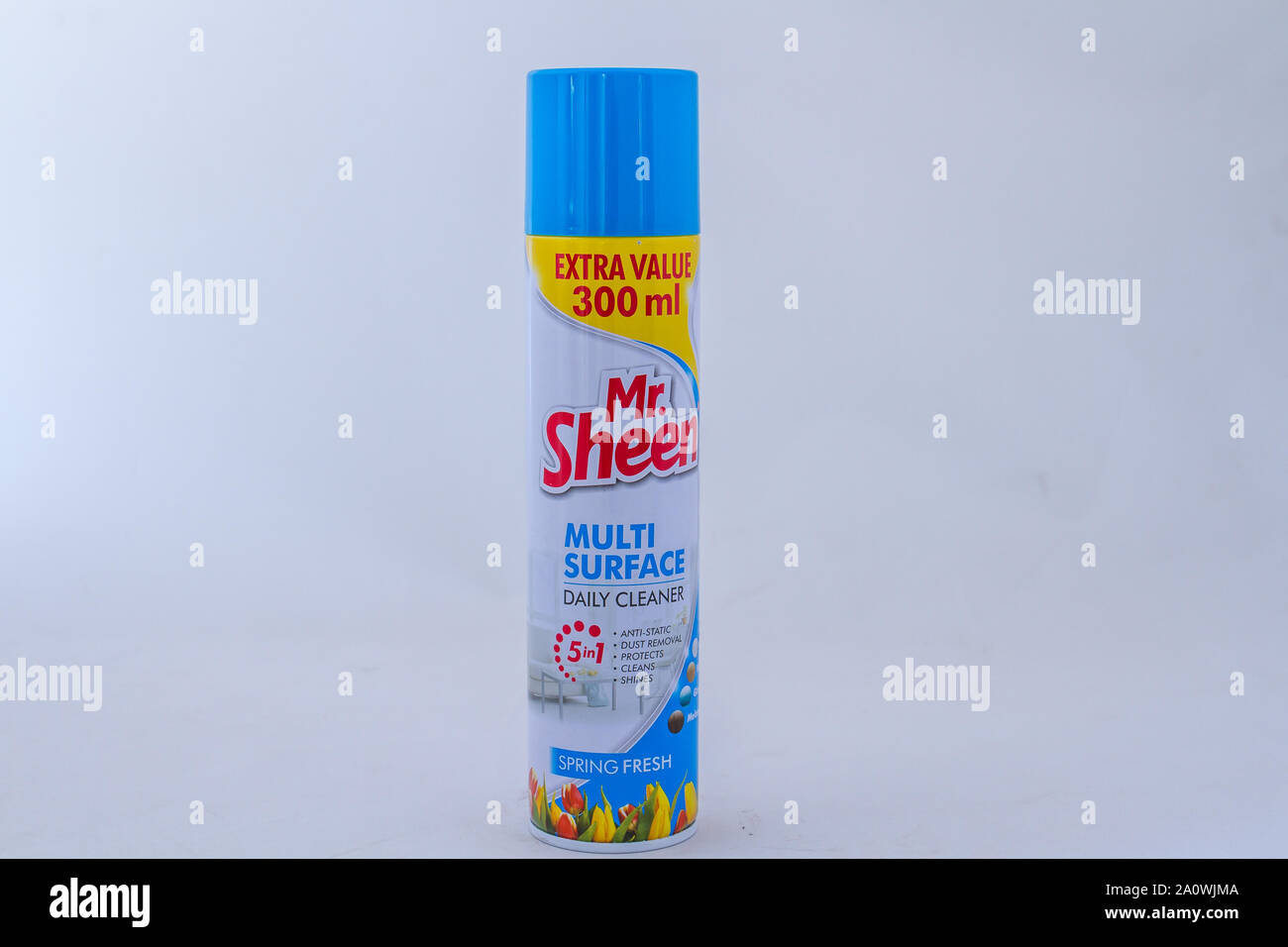 Alberton, South Africa - a can of Mr Sheen multi-surface household cleaner isolated on a white background image with copy space Stock Photo