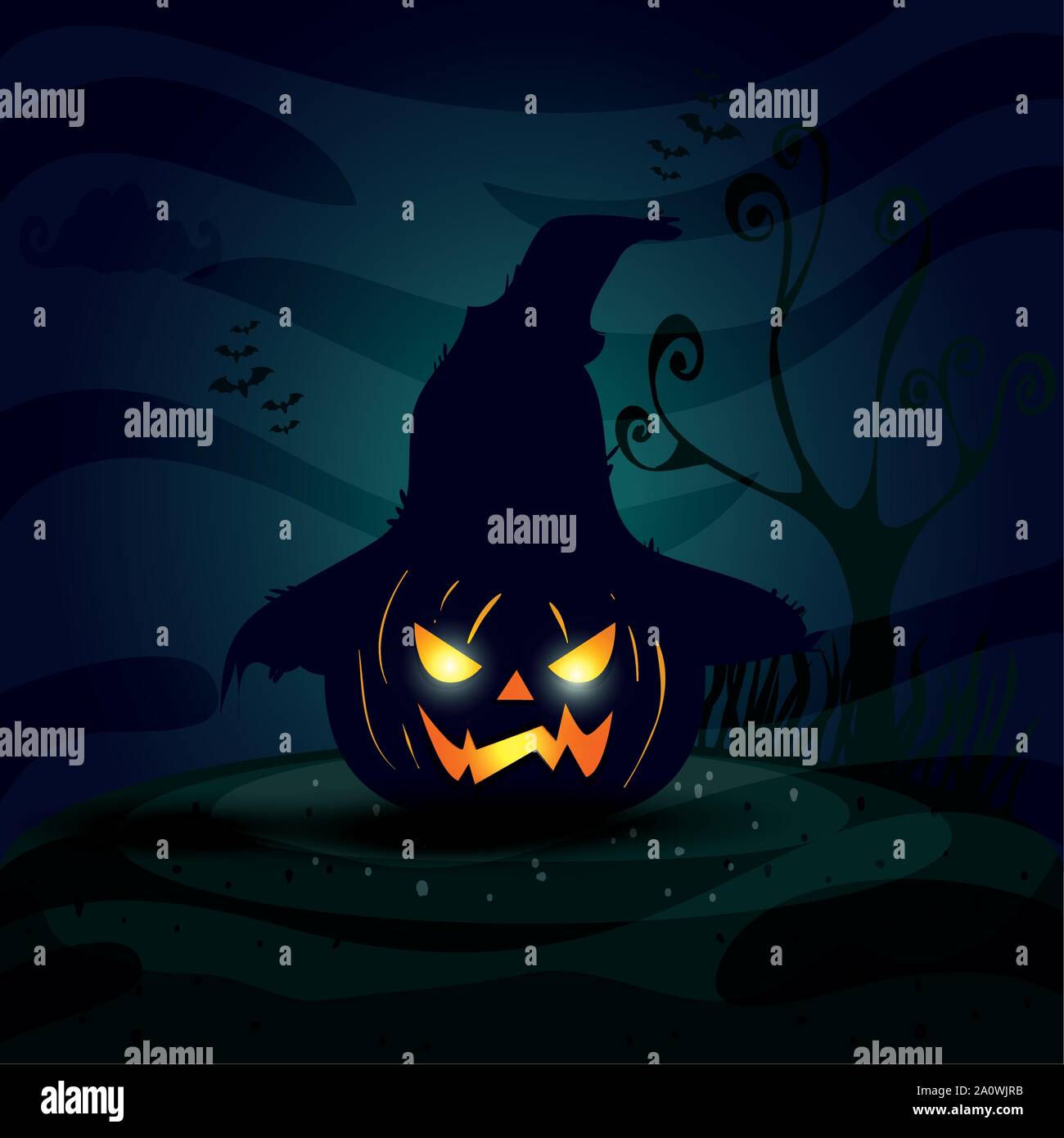 halloween pumpkin with scarecrow hat in dark night Stock Vector Image ...
