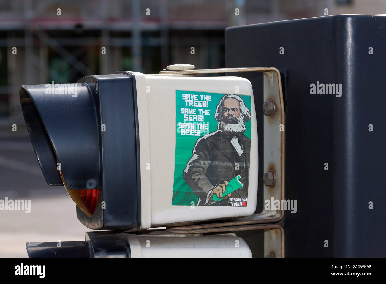 Sticker, Karl Marx, save the trees, save the seas, save the bees, Linkskugen Stock Photo