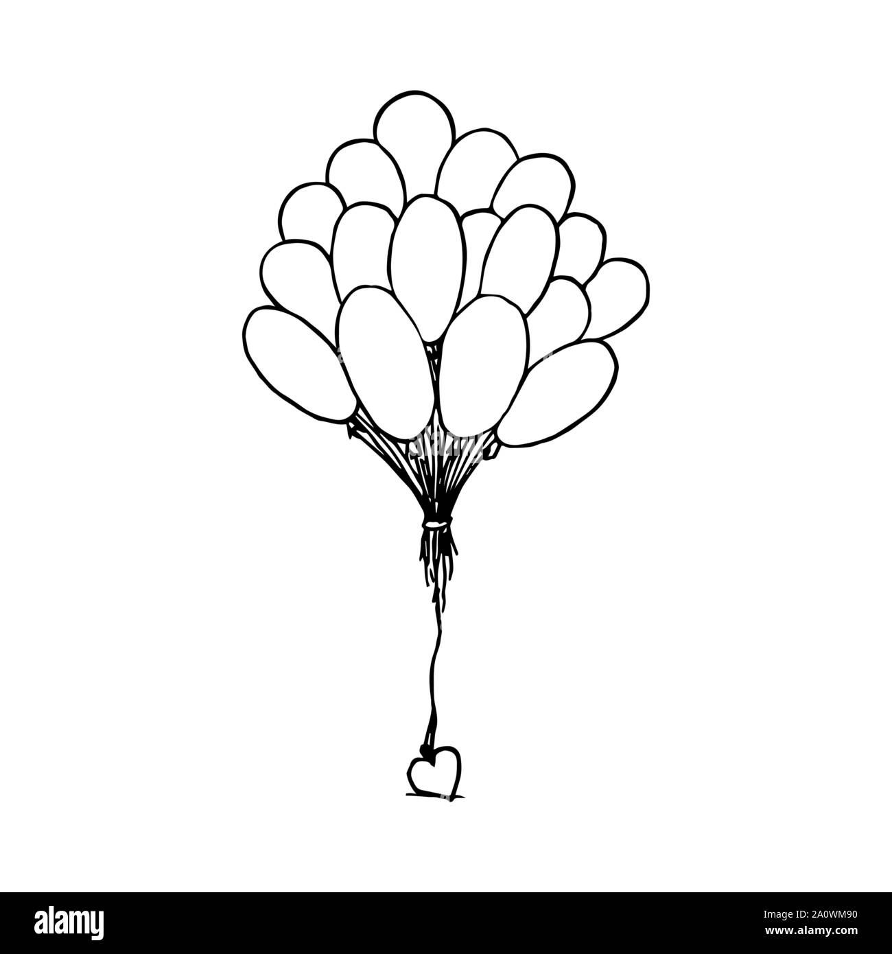 Bunch of balloons tied up together with a heart. Black outline on white background. Picture can be used in greeting cards, posters, flyers, banners, logo, further design etc. Vector illustration. EPS10 Stock Vector