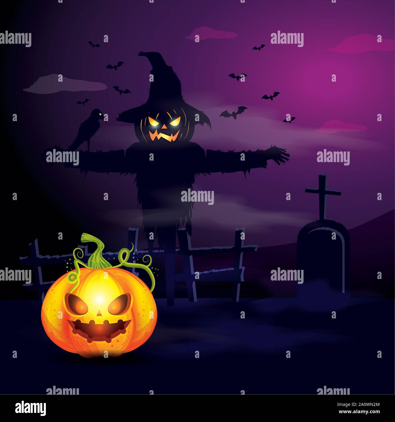 halloween pumpkin with scarecrow in dark night Stock Vector Image & Art ...