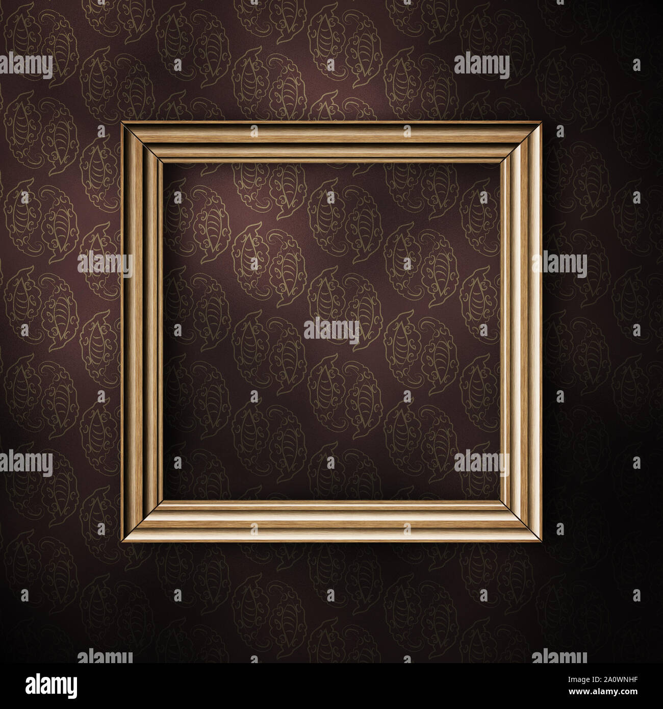 Vintage wooden picture frame on retro wallpaper background Stock Photo