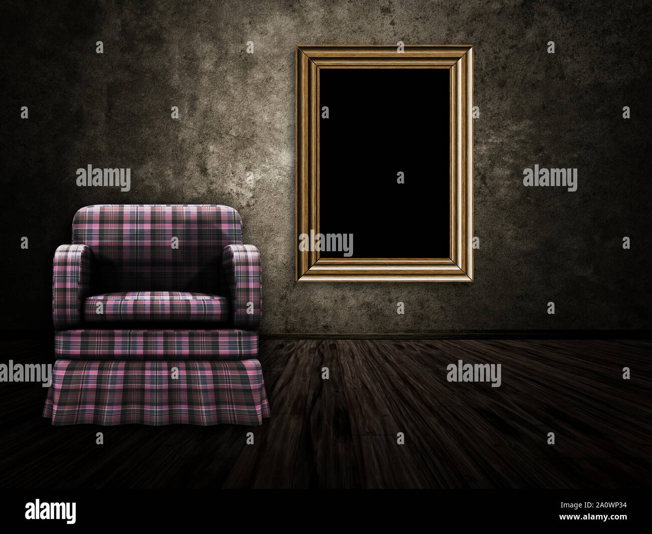 Room interior with old photo frame on wall and armchair Stock Photo - Alamy