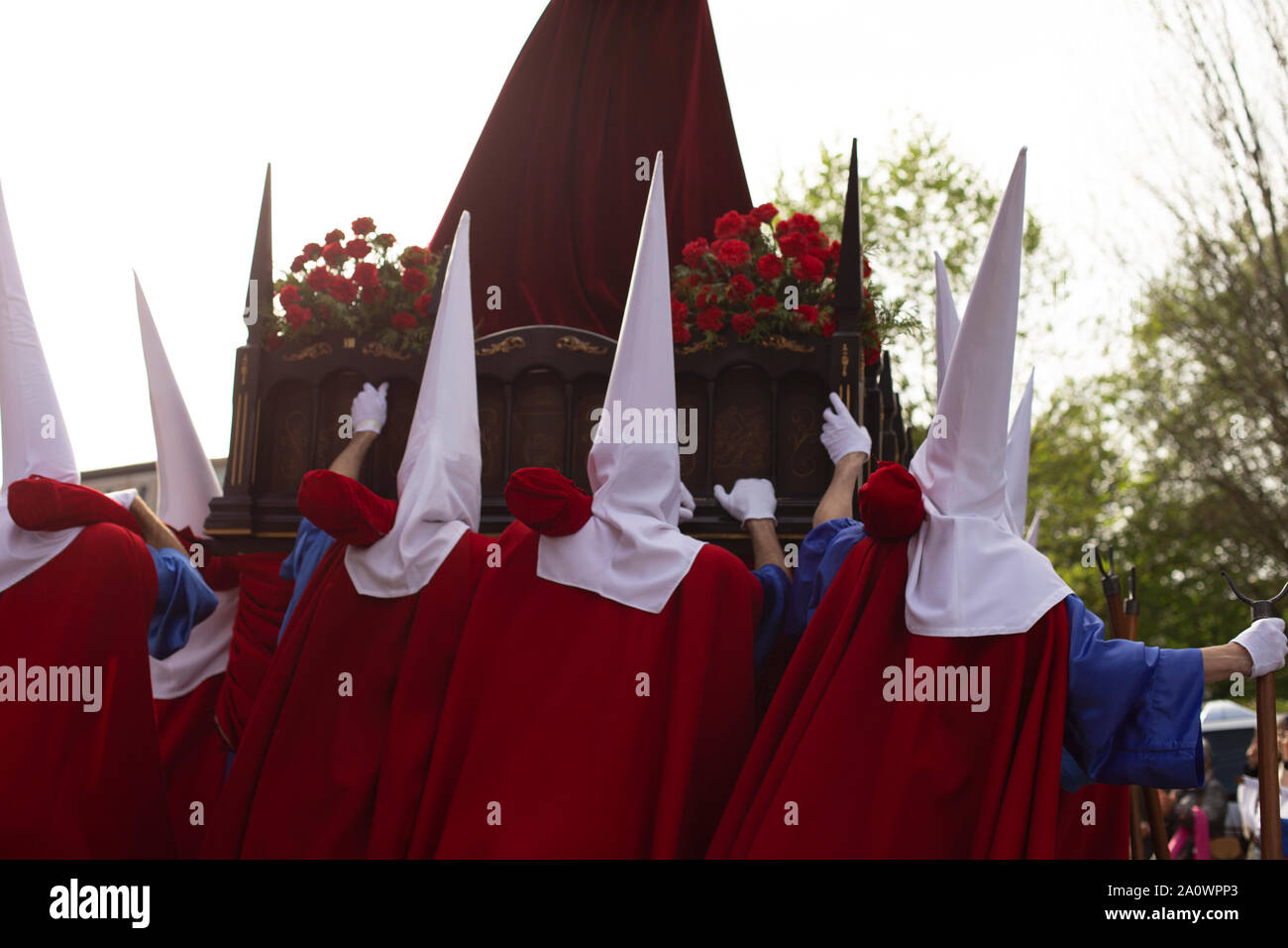 Rear view of hooded penitents in a procession, Holy Week Stock Photo