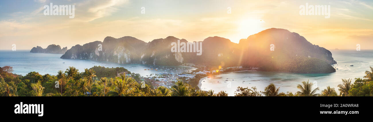 Phi-Phi island sunset panorama from viewpoint on mountain Stock Photo