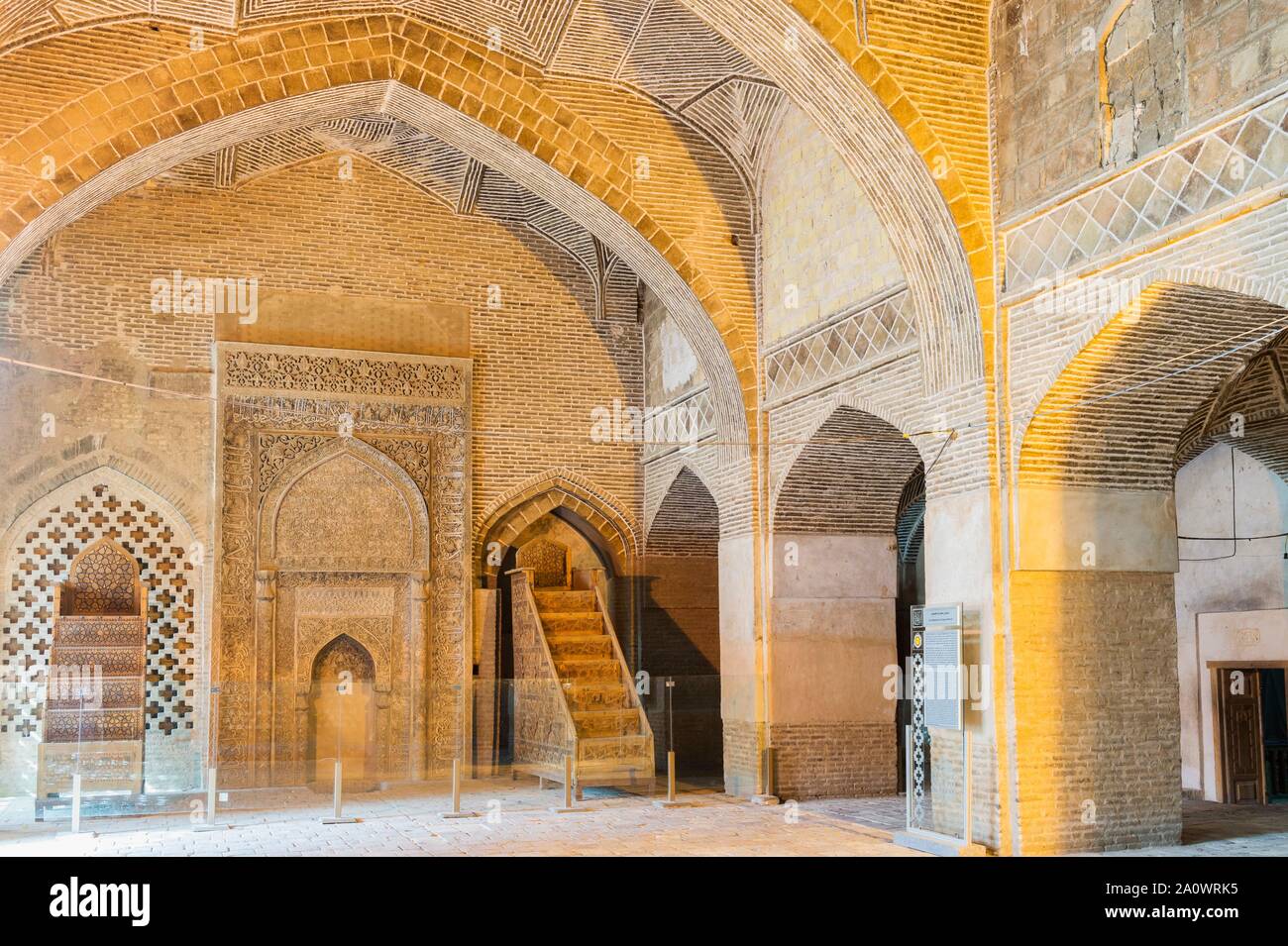 Mihrab and Minbar, South Iwan, Masjed-e Djame or Jameh Mosque, Esfahan, Iran Stock Photo