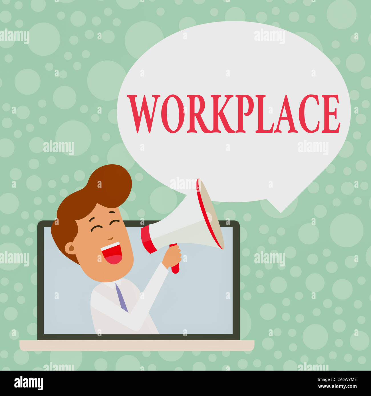 Handwriting text Workplace. Conceptual photo Area where you can find busy showing doing their job orders Man Speaking Through Laptop into Loudhailer B Stock Photo