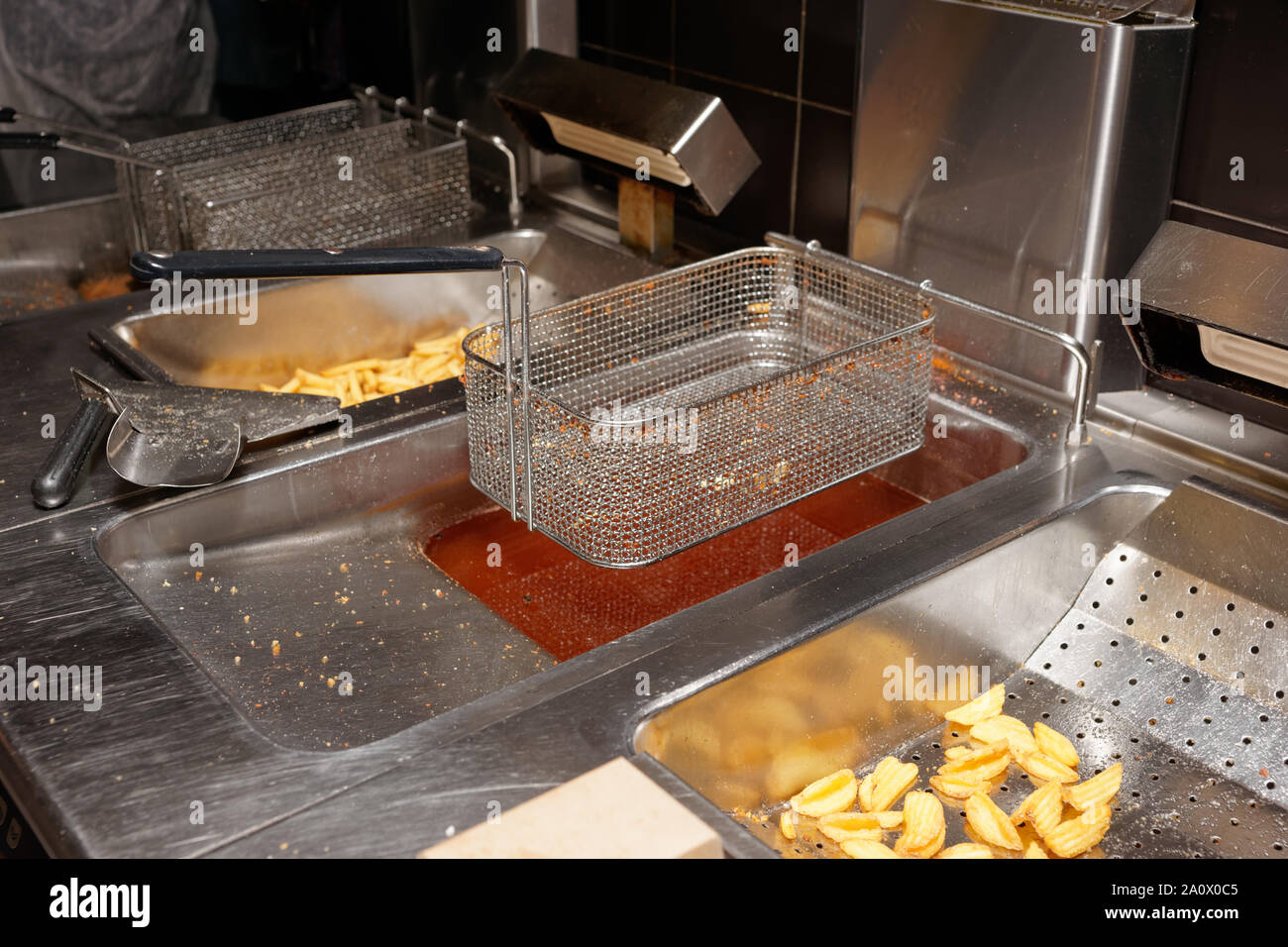 Two Deep Fryers With Baskets In A Restaurant Kitchen Stock Photo