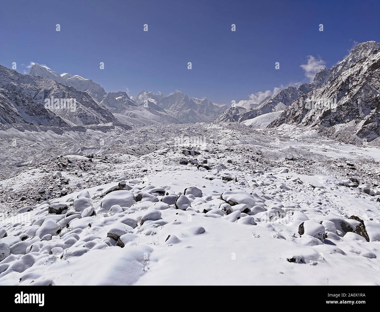 Himalayan mountains at the morning after recent snowfall. White silence, absolute quiet; tranquility and calm concept Stock Photo