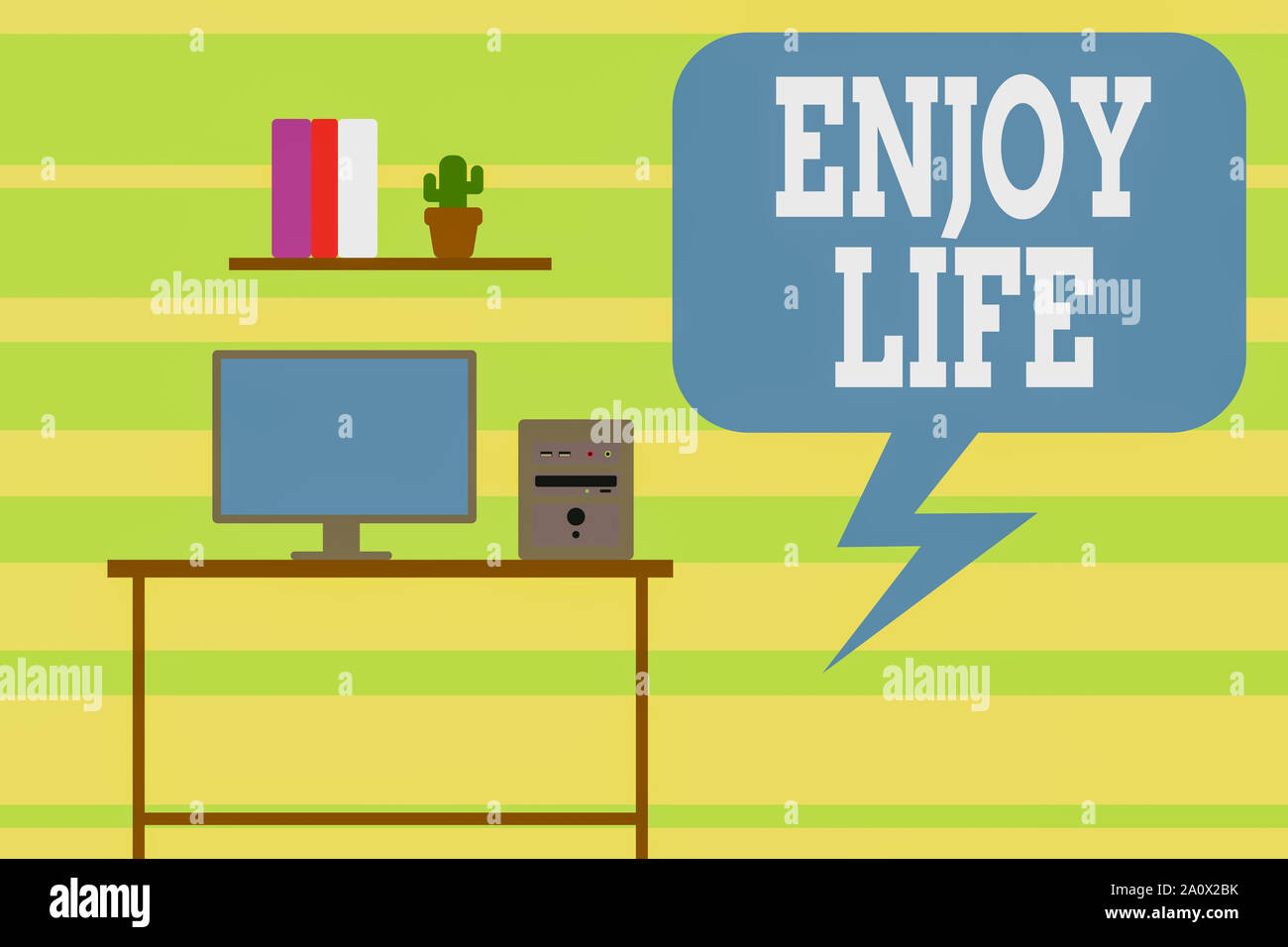 Writing note showing Enjoy Life. Business concept for Any thing, place,food or demonstrating, that makes you relax and happy Desktop computer with woo Stock Photo