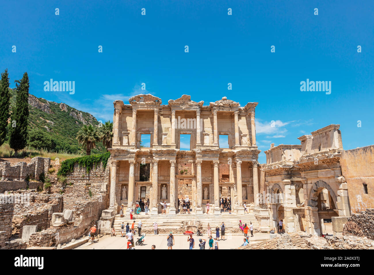 Facade of the Library of Celsus, an ancient Roman building in Ephesus, Anatolia, a popular tourist attraction. Stock Photo