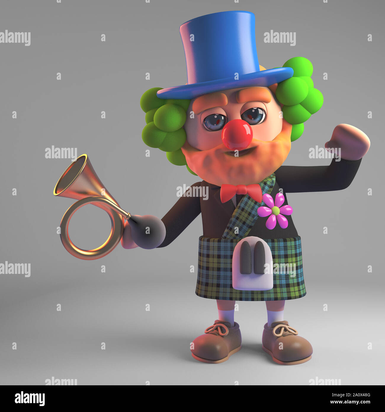 Funny cartoon 3d Scottish man in kilt wearing a clown red nose and holding an old car horn, 3d illustration render Stock Photo