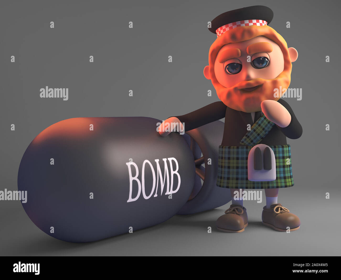 Cartoon 3d Scottish man in kilt standing next to a nuclear bomb, 3d illustration render Stock Photo