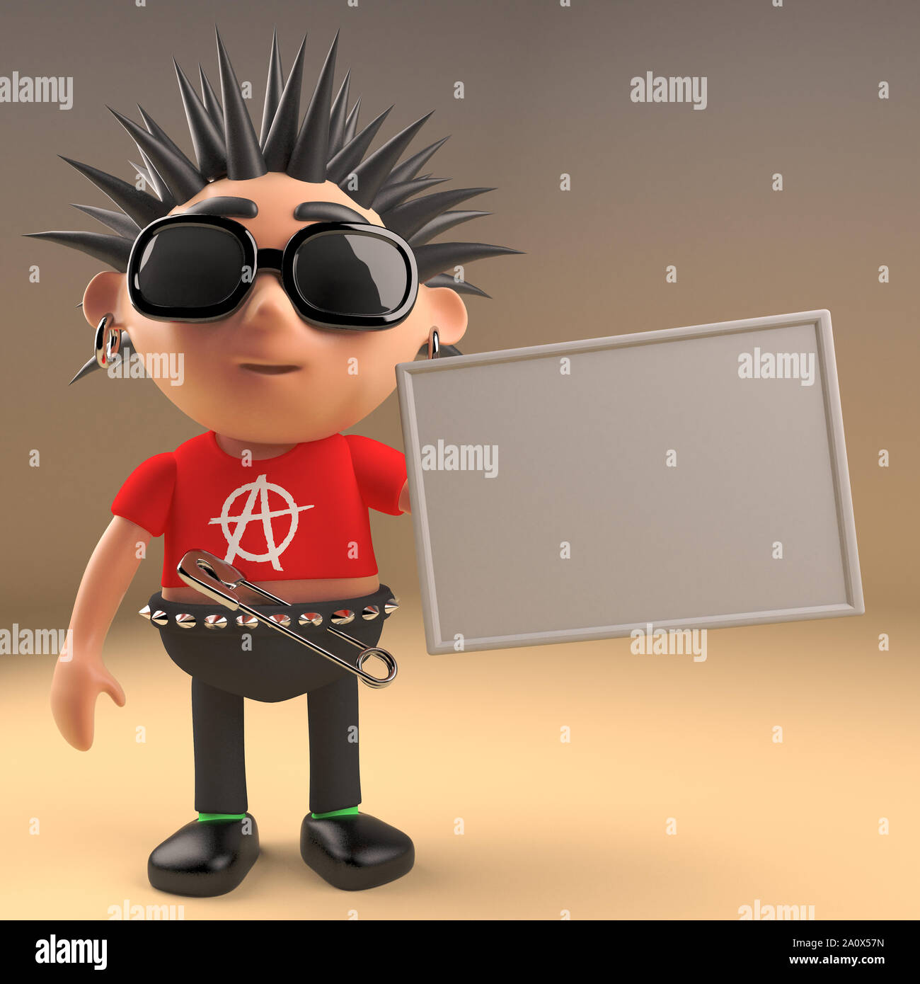 Cartoon 3d punk rocker teenage character holding a blank banner 3d ...