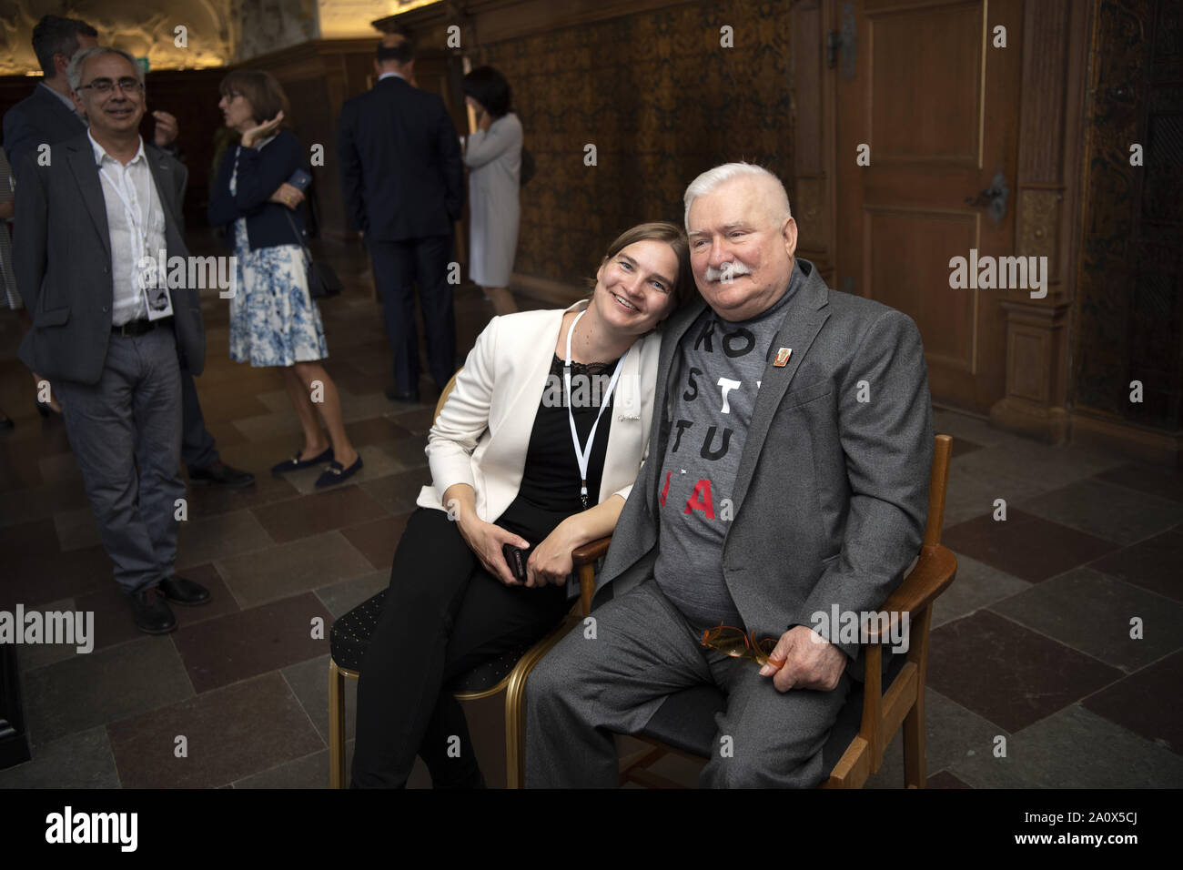 KÃ¸Benhavn, Danmark. 8th Sep, 2019. Lech Walesa, former President in Poland and founder og the free Polish union SolidarnoÅ›Ä‡ is at Frederiksborg Castle where his family coat of arms is presentet and placed in the castle church. The family coat of arms is made for all recipients og the Danish Order of the Elephant that he received in 1993. The former President also had plenty og time for selfies with guests and organisers of his trip to Denmark.Foto: Lars Moeller Credit: Lars Moeller/ZUMA Wire/Alamy Live News Stock Photo