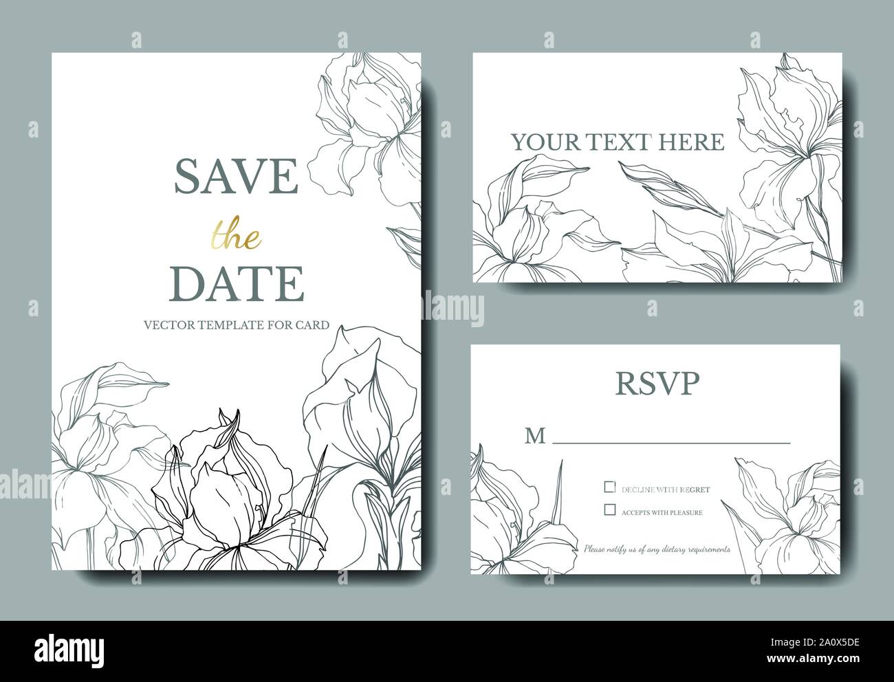 Vector Iris floral botanical flowers. Black and white engraved ink art. Wedding background card floral decorative border. Thank you, rsvp, invitation Stock Vector