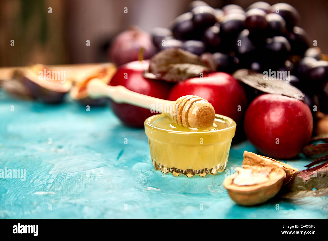 Autumn food still life with season fruits grape, red apples and figs ...