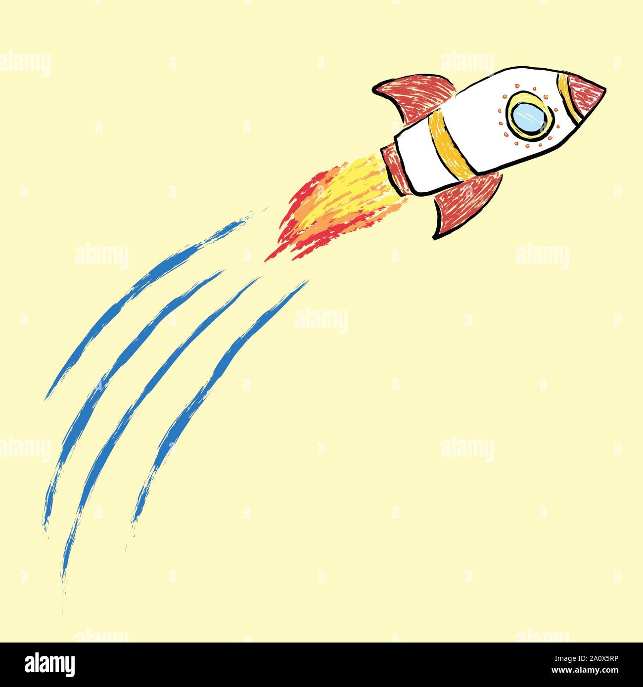 Rocket Flying Doodle Crayon Style Drawing Stock Vector