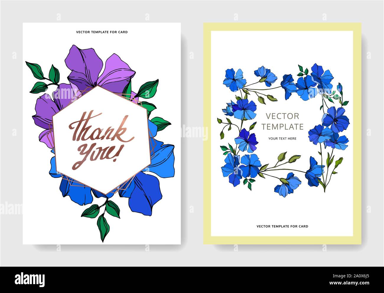 Vector Flax floral botanical flowers. Violet and blue engraved ink art. Wedding background card floral decorative border. Thank you, rsvp, invitation Stock Vector