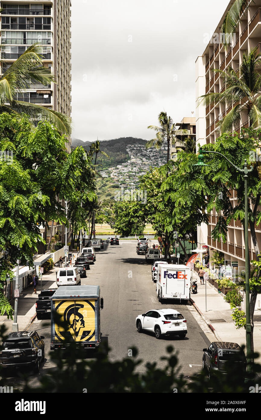 Waikiki, Honolulu - August 23nd 2019: Stunning Waikiki streets on a bright, sunny morning Stock Photo