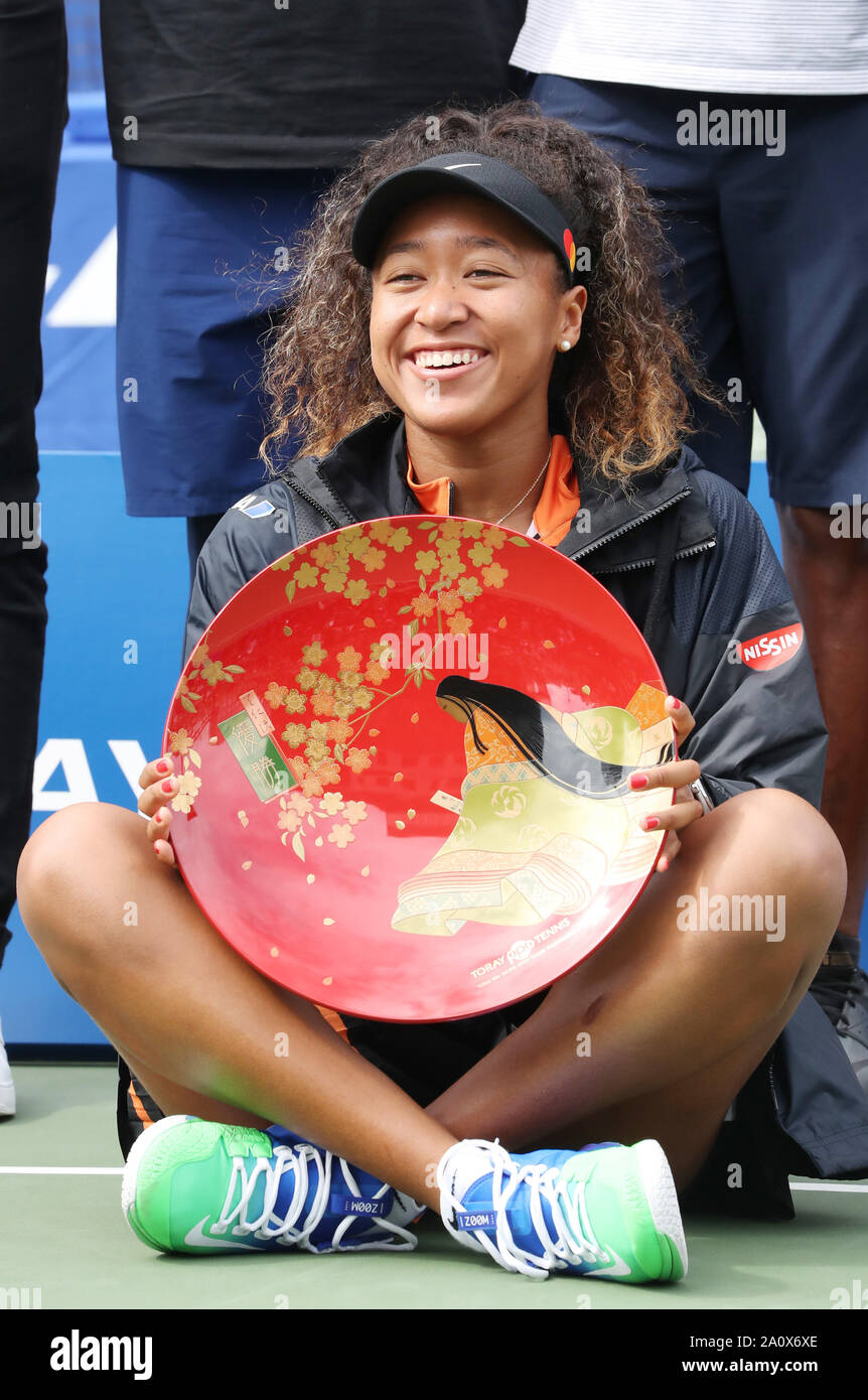 Osaka, Japan. 22nd Sep, 2019. Naomi Osaka of Japan holds the trophy as she won singles of the Toray Pan Pacific Open tennis tournament in Osaka, western Japan on Sunday, September
