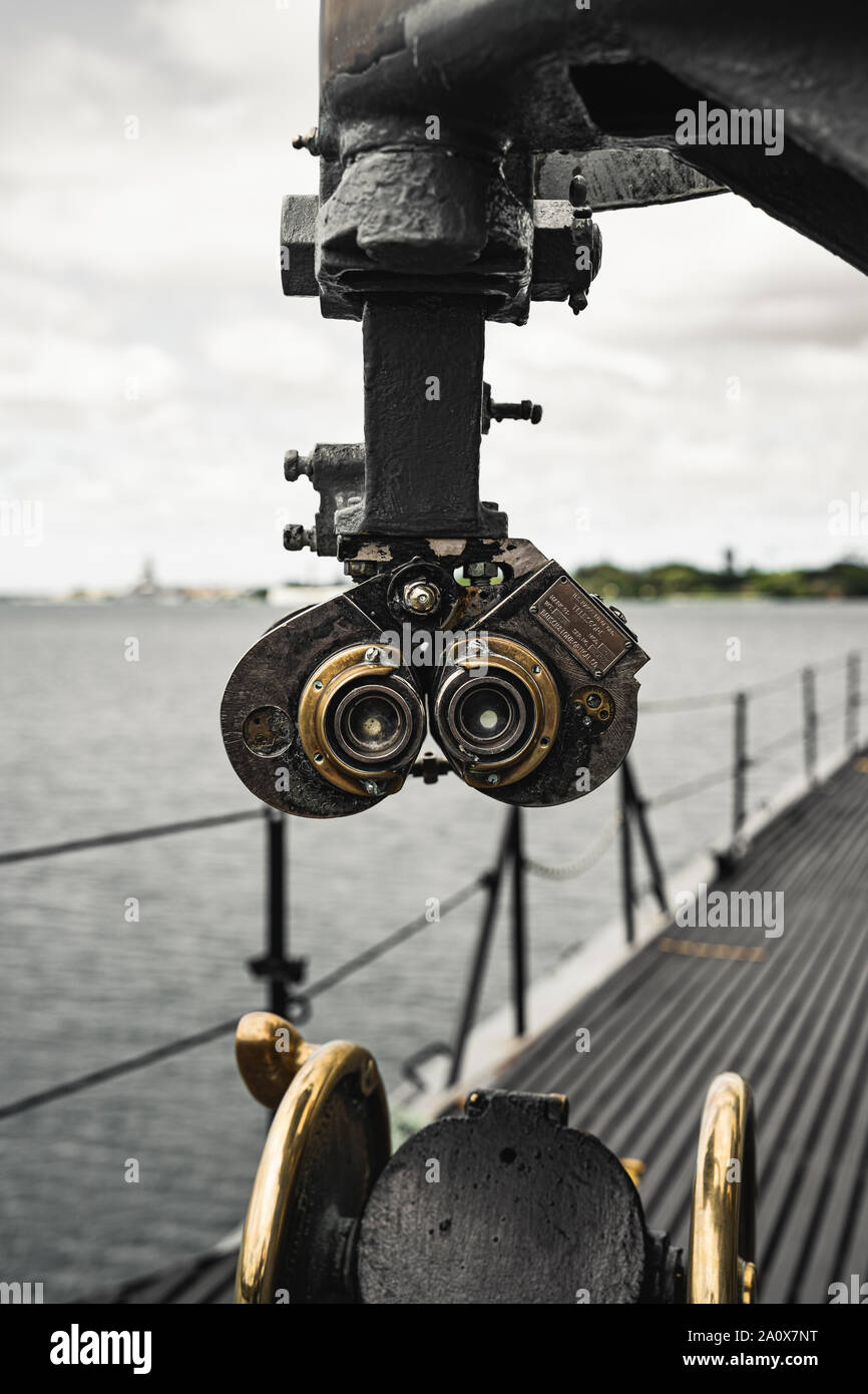 Pearl Harbor, Hawaii - August 23rd 2019: spotting binoculars on the gun onboard the USS Bowfin Submarine. Stock Photo