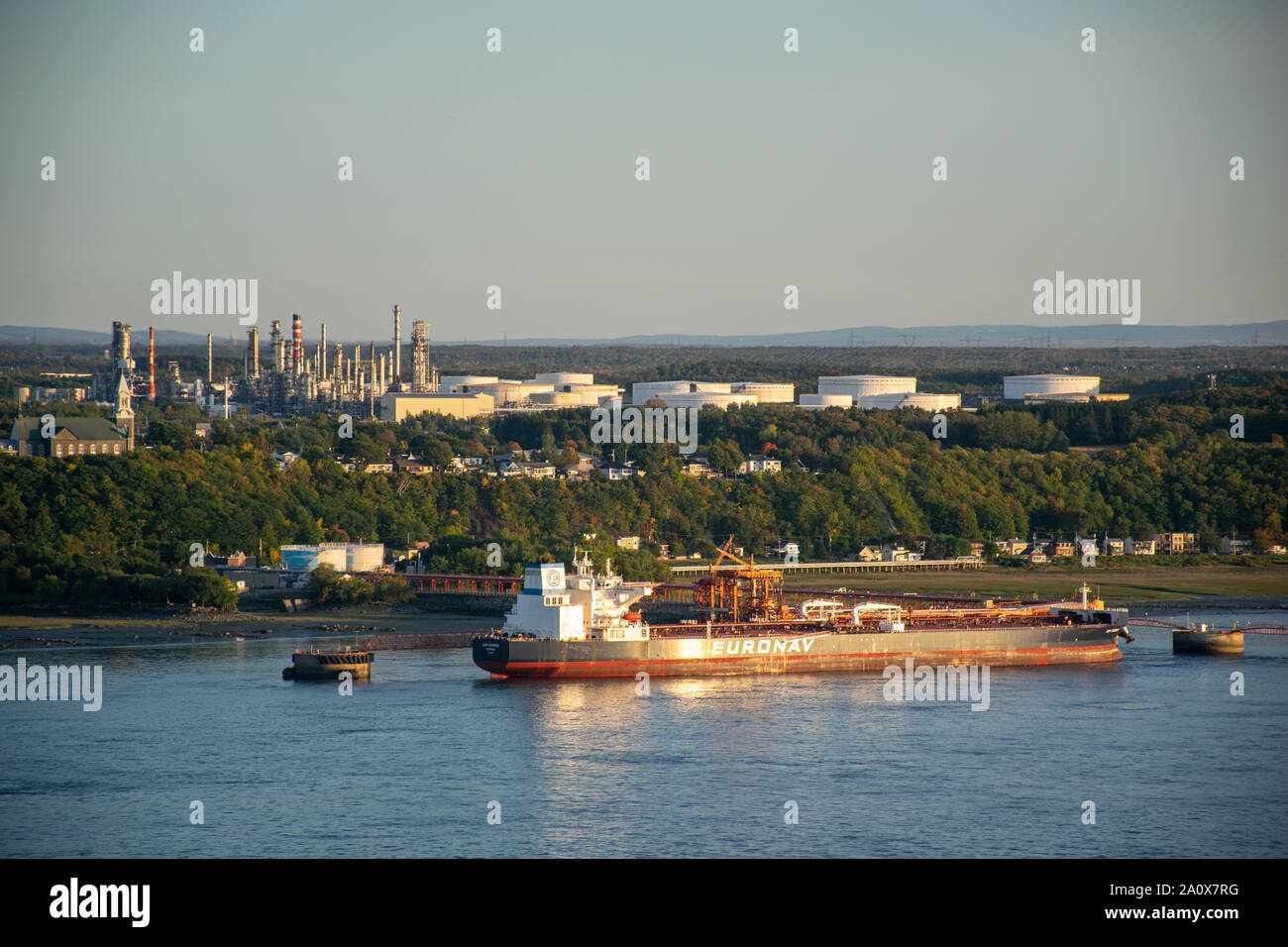 Oil tanker on the StLawrence River docked at petrochemical plant in