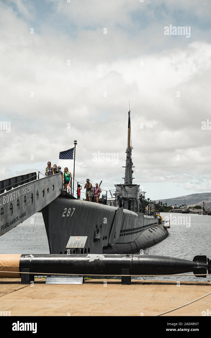 Pearl Harbor, Hawaii - August 23rd 2019: Views of the USS Bowfin Submarine at the Pearl Harbor Historic Sites Visitor Centre. Stock Photo