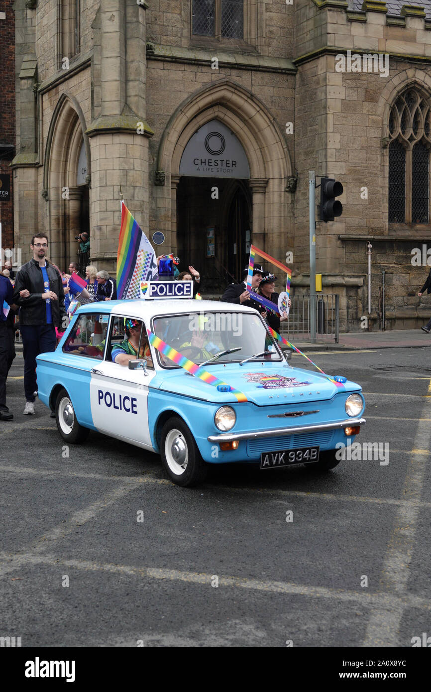 Chester, UK. 22nd September 2019. An old fashioned Hillman Imp Police Car at the annual Chester Pride Festival. Credit: Ken Biggs/Alamy Live News. Stock Photo