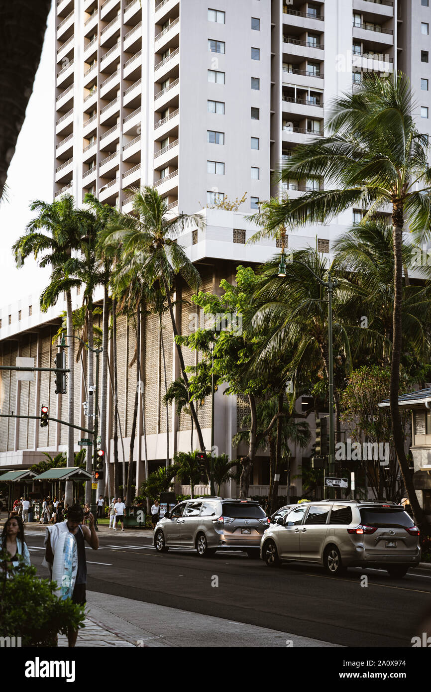 Oahu, Hawaii - August 23rd 2019: Afternoon sunlight on the palm-lined streets of Waikiki. Stock Photo
