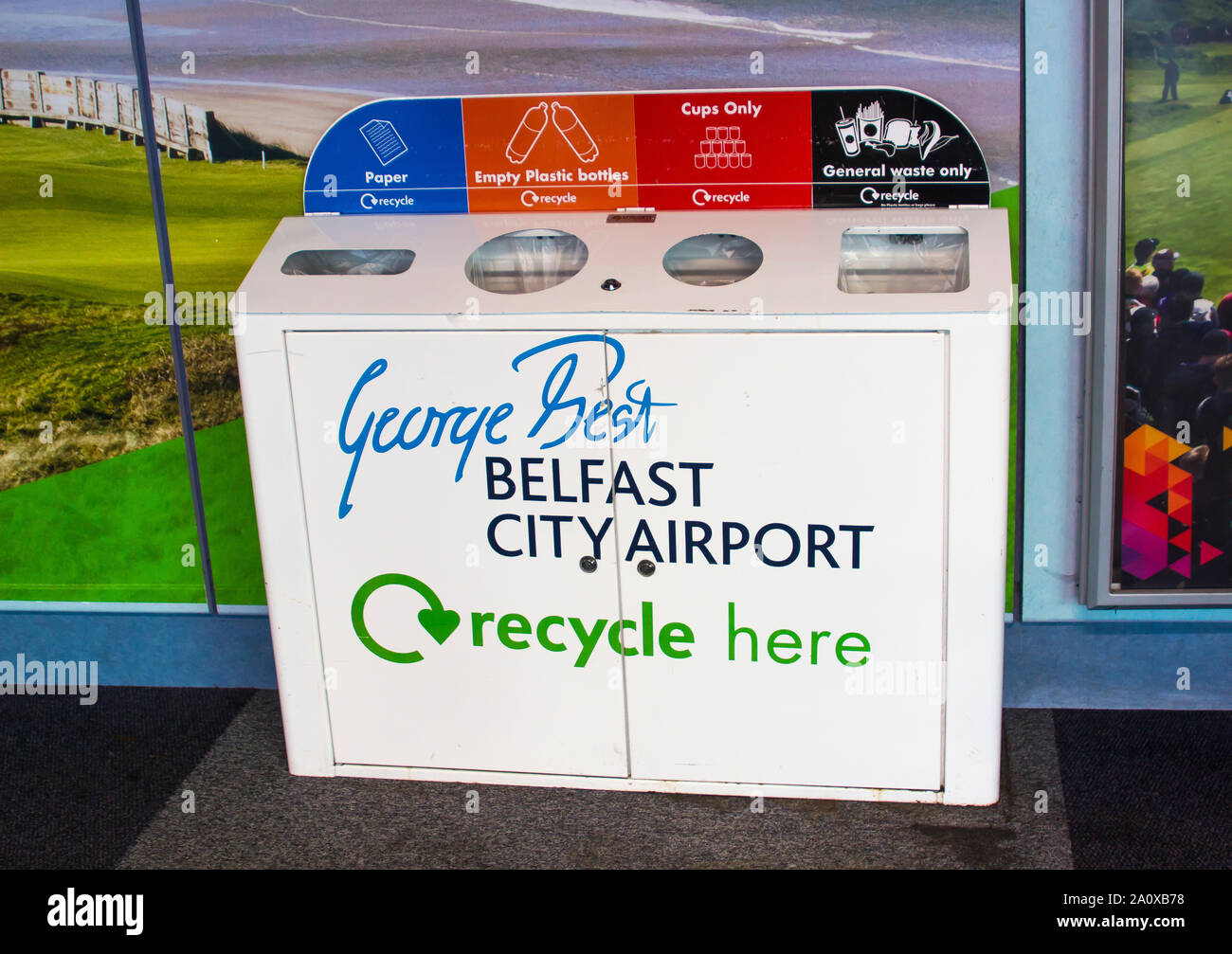 21 September 2019 A waste recycling bin located conveniently for passengers leaving the aircraft at George Best Belfast City Airport in Northern Ire Stock Photo
