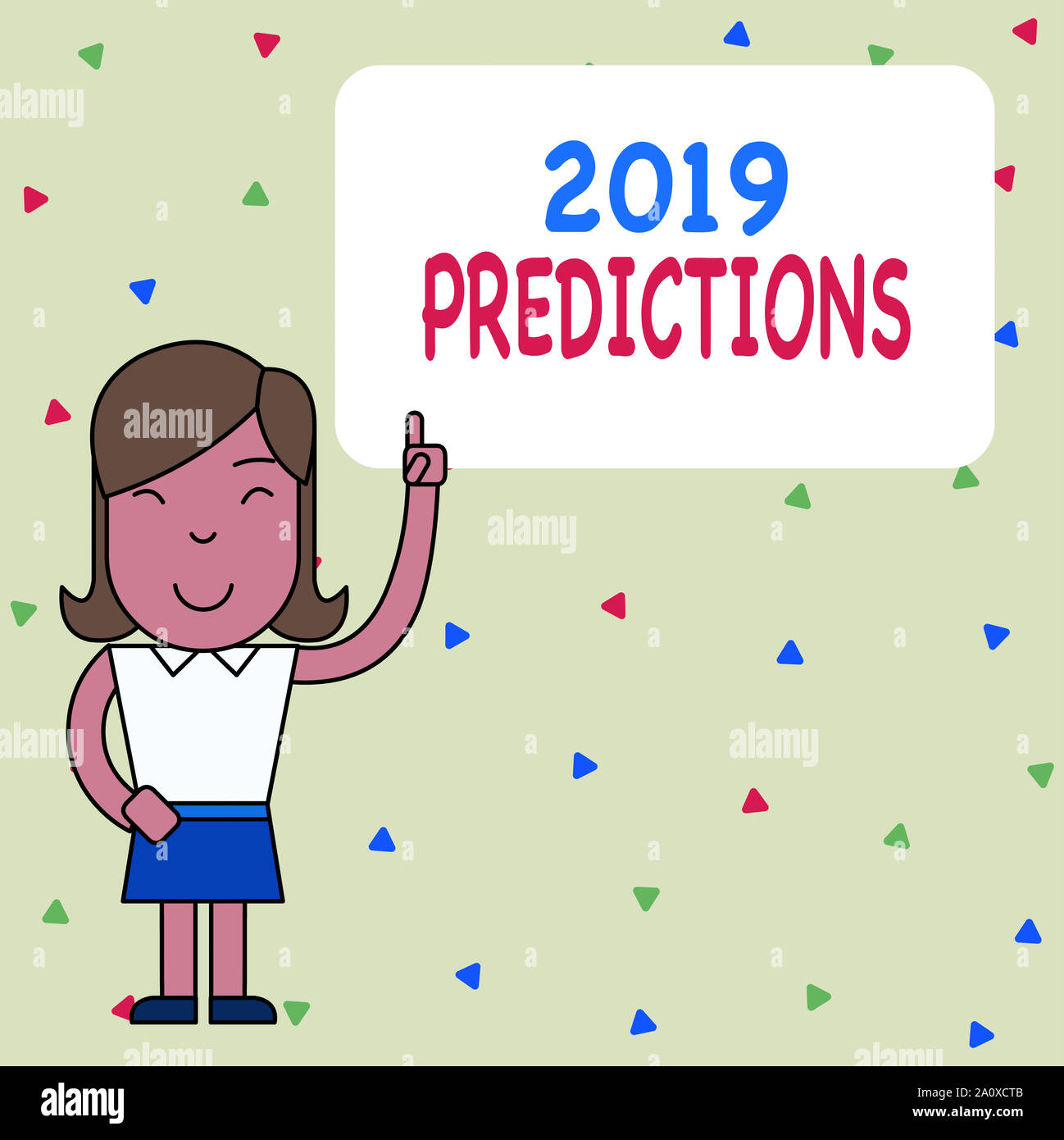 Word writing text 2019 Predictions. Business photo showcasing statement about what you think will happen in 2019 Woman Standing with Raised Left Index Stock Photo