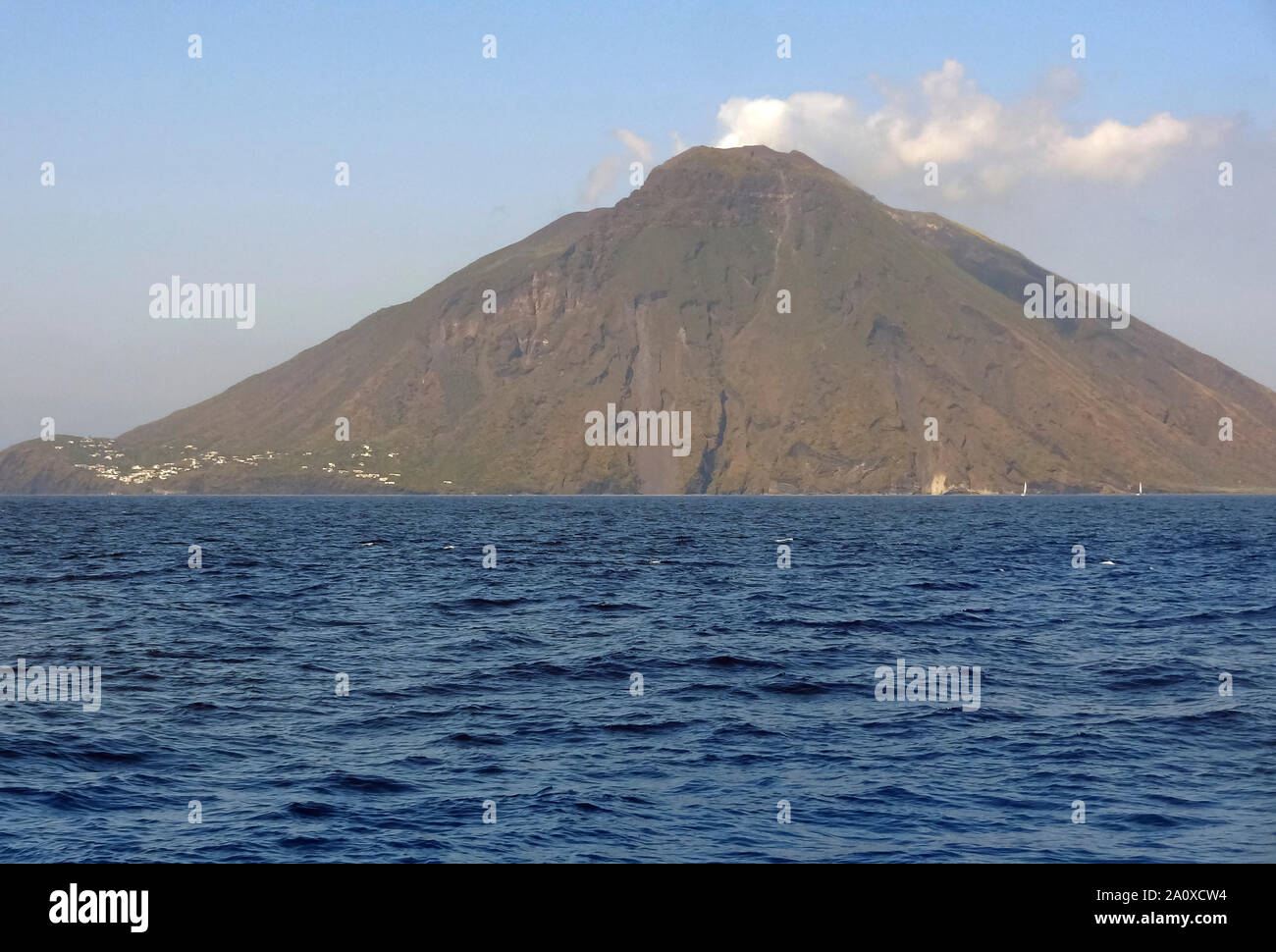 distant view of the Stromboli volcano near Sicily, Italy Stock Photo
