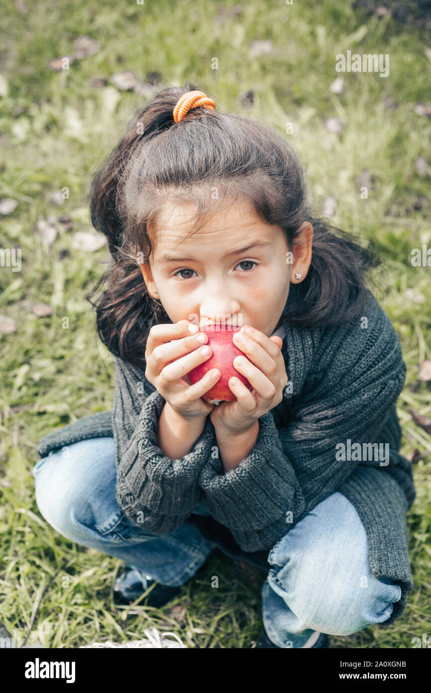 Cute girl in a gray cardigan and jeans eats a red apple Stock Photo